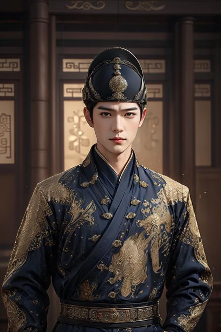 (Jinyiwei),(masterpiece:1.4, best quality),(intricate details),unity 8k wallpaper,ultra detailed,beautiful and aesthetic,photorealistic,perfect lighting,sparkle,1 boy,Masculine,handsome,holding sword,Chinese Imperial Guard of Ming Dynasty,Chinese forbidden city,Chinese Imperial palace,Chinese Ancient helmet of Ming Dynasty,Chinese ancient style,<lora:æ¸éå­Justin_å¤§æé¦è¡£å«_v1.0:0.7>,upper body,<lora:é»éè²è°:0.5>,