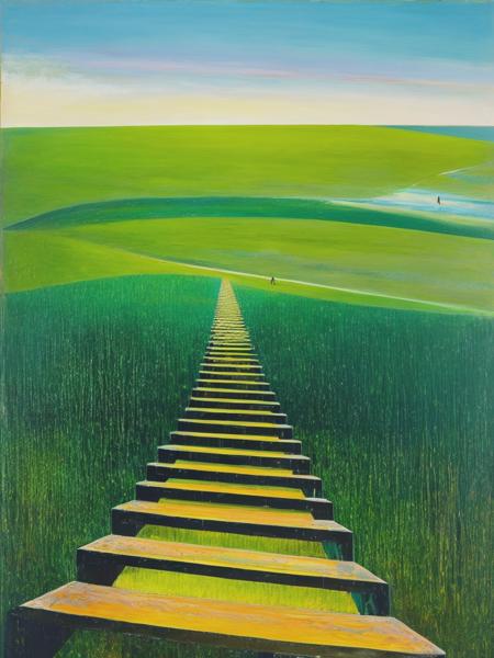 <lyco:PeterDoig:1.0> An endless long winding staircase leading up to the sky, oil painting by Peter Doig.