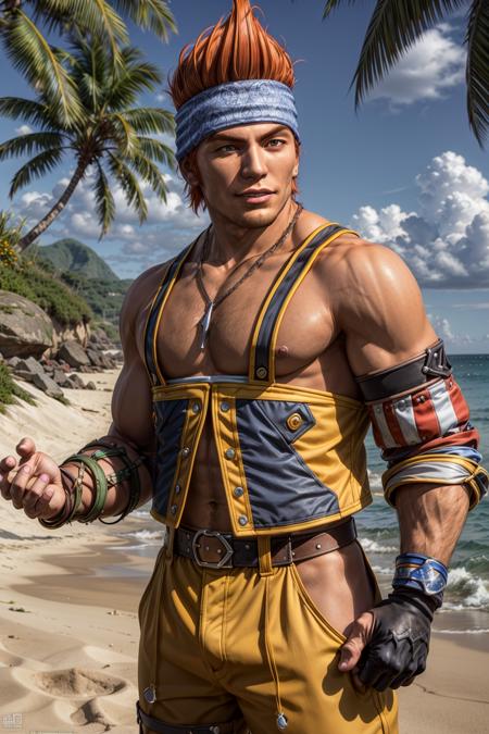 wakka,  solo,  gloves,  1boy,  brown eyes,  jewelry,  male focus,  belt,  fingerless gloves,  necklace,  orange hair,  headband,  realistic,  shore,  beach,  daylight,  front view,  looking at you,  smug,<lora:EMS-93-EMS:1.000000>,<lora:EMS-270520-EMS:0.700000>