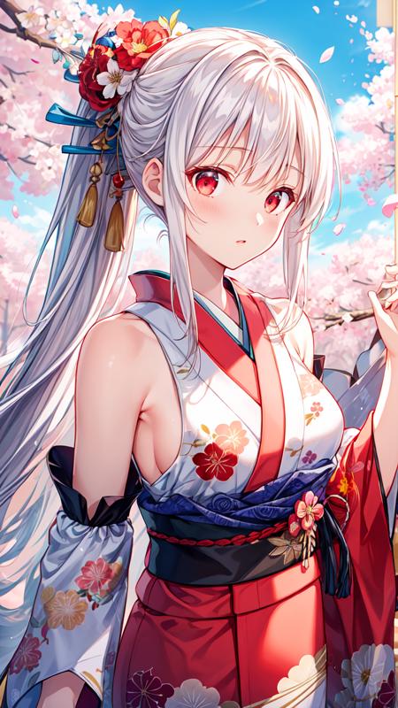 masterpiece,best quality,highres,illustration,hyper detailed,8k cg wallpaper,ray tracing,((white hair:1.2)),((long hair:1.2)),red eyes,((straight hair:1.2)),medium breasts,<lora:å¢å ç´°ç¯>,(hiten1:0.8),ponytail,((kimono:1.2)),((detached sleeves:1.2)),((floral print:1.1)),petals,cherry blossoms,