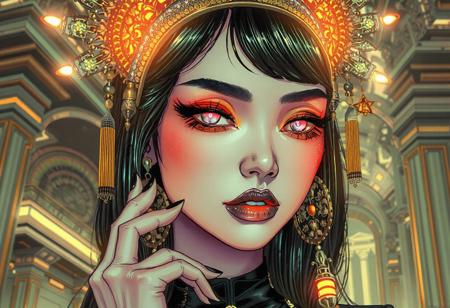 A highly detailed, intricate line-art illustration in the style of syd mead. Detailed hyper realism in the visible body parts (face, hands, legs).
3D rendering, face close-up, CG high model, Elegant [goth ] with bold colored glowing makeup and a holographic asian headdress, in a [chrome and gold] cyberpunk aesthetic, dark fantasy, anime-style, illuminated by soft lighting
, acrylic painting in style Adam Hughes.
The composition features mesmerizing line work, fine architectural detailing in the background, and a play of light and shadow through intricate hatching. The overall aesthetic is serene, introspective, and dreamlike, blending realism with a highly structured, almost meditative pattern-based design.
