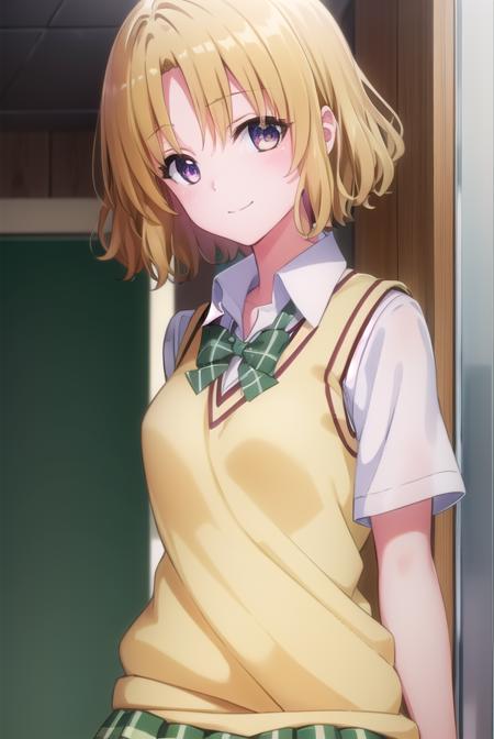 risamomioka, <lora:risa momioka darkness-lora-nochekaiser:1>,
risa momioka, short hair, blonde hair, wavy hair, (parted bangs:1.5), (purple eyes:1.1), smile,
BREAK green skirt, plaid, plaid skirt, sainan high school uniform, school uniform, skirt, sweater vest, thighhighs, (yellow sweater:1.5), short sleeves, bow, green bow,
BREAK indoors, classroom,
BREAK looking at viewer, (cowboy shot:1.5),
BREAK <lyco:GoodHands-beta2:1>, (masterpiece:1.2), best quality, high resolution, unity 8k wallpaper, (illustration:0.8), (beautiful detailed eyes:1.6), extremely detailed face, perfect lighting, extremely detailed CG, (perfect hands, perfect anatomy),