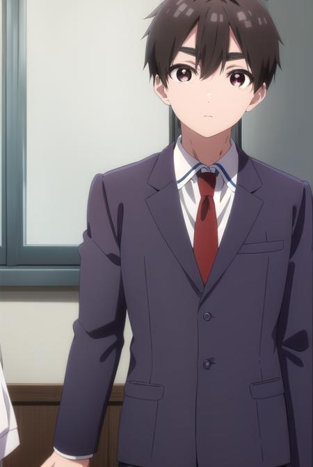 rentarouaijou, <lora:rentarou aijou s1-lora-nochekaiser:1>,
rentarou aijou, black hair, (brown eyes:1.3), thick eyebrows, short hair, hair between eyes,
BREAK school uniform, necktie, formal, suit, red necktie,
BREAK indoors, classroom,
BREAK looking at viewer, (cowboy shot:1.5),
BREAK <lyco:GoodHands-beta2:1>, (masterpiece:1.2), best quality, high resolution, unity 8k wallpaper, (illustration:0.8), (beautiful detailed eyes:1.6), extremely detailed face, perfect lighting, extremely detailed CG, (perfect hands, perfect anatomy),