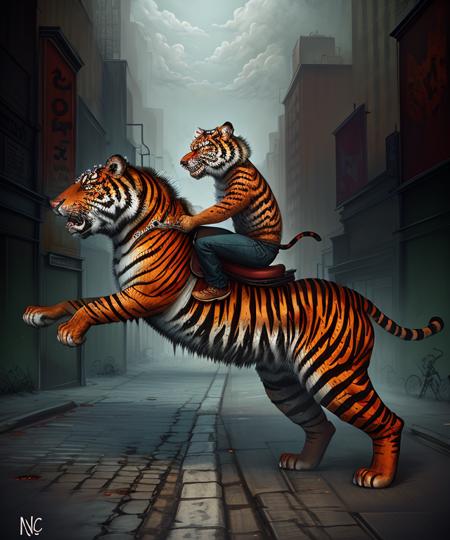 riding a zombie tiger, masterpiece by ncwinters, in the city streets,  <lora:ncwinters-12:1>