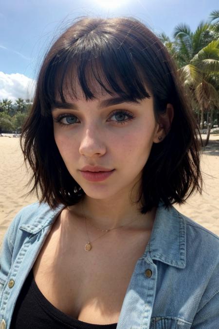score_9, score_8_up, score_7_up, instagram photo of 21yo girl, very very beautiful face, detailed face, puffy lips, perfect lips, perfect nose, slight makeup, clear water, beach, black hair bangs, detailed blue eyes, wearing short red shirt, short dark jeans, pale skin, medium breast, sunny, day, shadows, beautiful background, higly detailed, 4k, ultrahd
