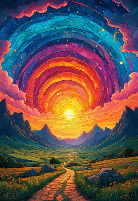 DB4RZ style painting, aidmansfwunlock, masterpiece,Color-grain Summer scene of a awesome scenery an otherwordly super shot, a view like every hiker would dream of and a giant stargate swirling Like a Spiral into Infinity black billowing Clouds above, veiled in a DARK robe resembling a jedi, very detailed, sunrise behind fluffy Clouds with extrem volumetric lighting backdrop, atmospheric haze, Film grain, cinematic film still, shallow depth of field, highly detailed, high budget, cinemascope, moody, epic, , vibrant surreal colours fine art, oil painting, best quality, dark tales, Cape Town in the Van Gogh style, starry sky, Dan Mumford, Andy Kehoe, 2d, flat, cute, adorable, vintage, art on a cracked paper, patchwork, stained glass, fairytale, storybook detailed illustration, cinematic, ultra highly detailed, tiny details, beautiful details, mystical, luminism, vibrant colors, complex background