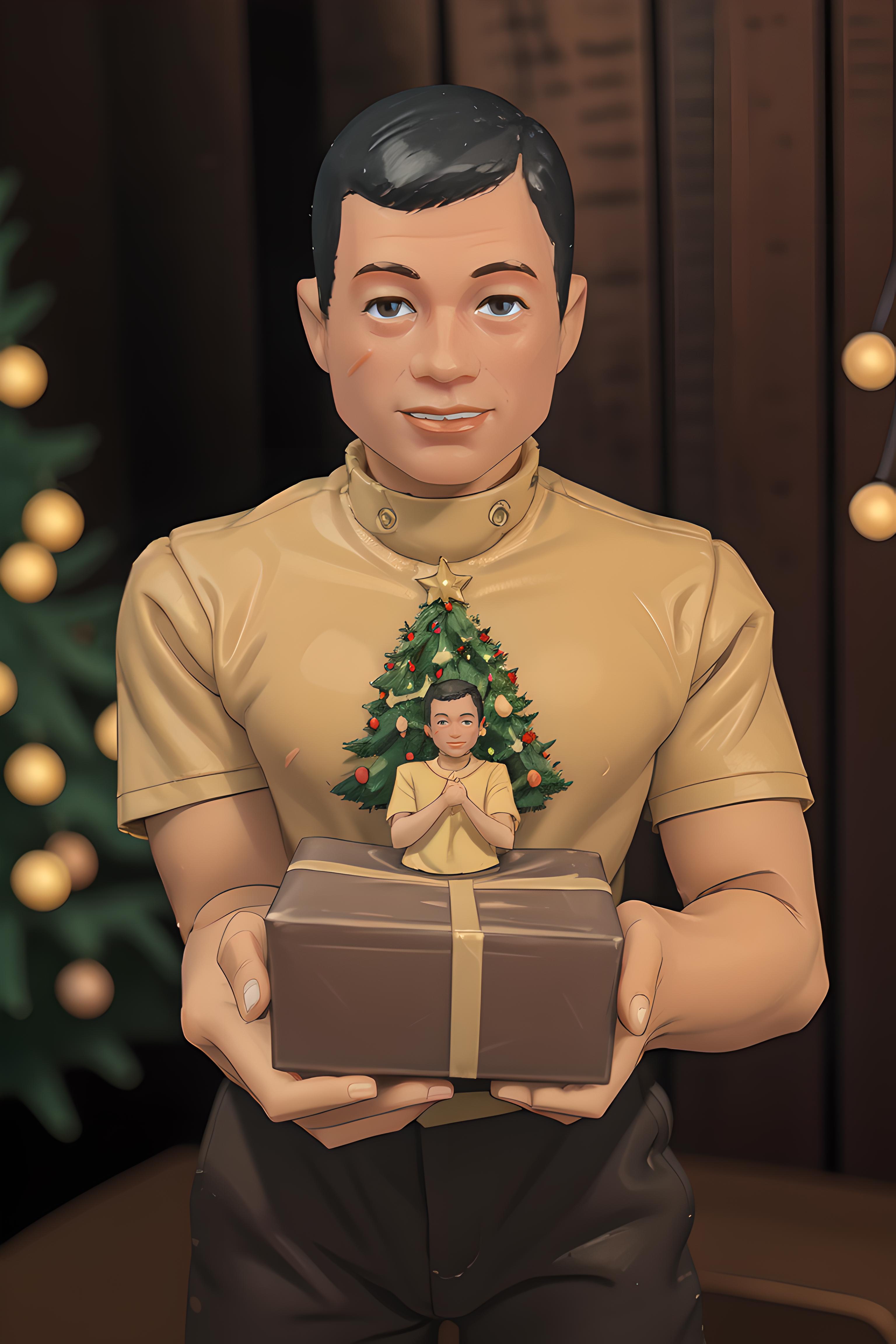 Man holding a box with a Christmas tree inside, wearing a yellow shirt.