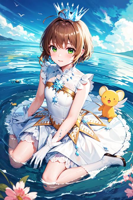 masterpiece, best quality, highres, kinomoto sakura, 1girl, brown hair, short hair, antenna hair, ahoge, crown, green eyes, white dress, sleeveless, white gloves,<lora:kinomoto_sakura_v1:0.7>, water, wet, wariza, kero,