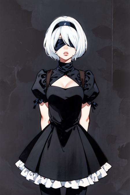 <lora:akihiro_yamada_v1_cs2:1> ,akihiro yamada,1girl, solo,cowboy shot, yorha no. 2 type b,white background, nose, lips,black hairband, white hair,black blindfold,blindfold,short hair,(best quality, masterpiece) , (watercolor \(medium\):1.3),(flat color)