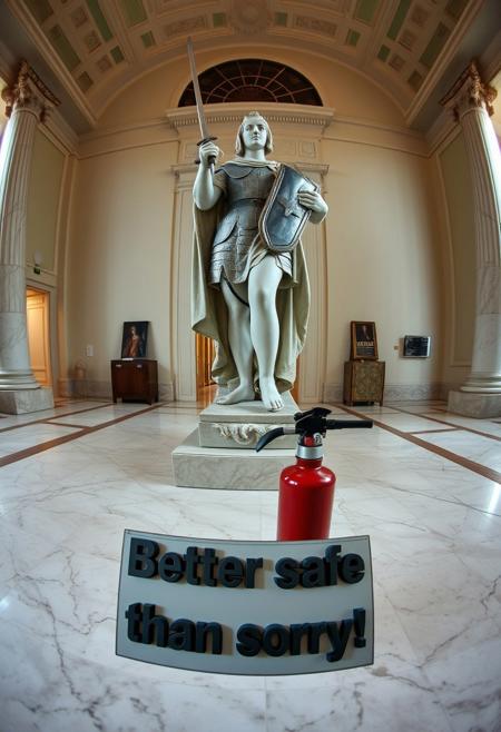 “Create an image of a statue of Giovanna d’Arco (Joan of Arc) displayed in a museum setting, shot using a Hasselblad camera with 12mm fisheye optics. The statue should have a classic, realistic style, capturing the figure in her iconic armor, holding a sword and shield. The setting is an elegant, spacious museum with marble floors and soft lighting highlighting the statue. Near the base of the statue, there should be an extinguisher (extintor) subtly placed in the scene, offering a contrast between the historical figure and the modern, functional object. In the foreground, include a small panel with the text ‘Better safe than sorry!’ in bold, plastic extruded characters, with a 3D glossy plastic finish. The fisheye lens should distort the perspective slightly, creating a dynamic, wide-angle view that enhances the contrast between the ancient statue and the modern safety feature, adding a surreal and playful touch to the composition.”