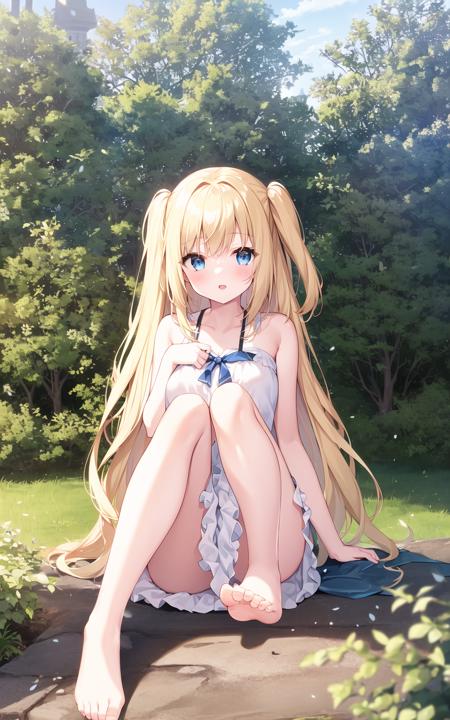 1girl,long blonde hair,one side up,blue eyes,(bare foot),sitting,knees up,no shoes