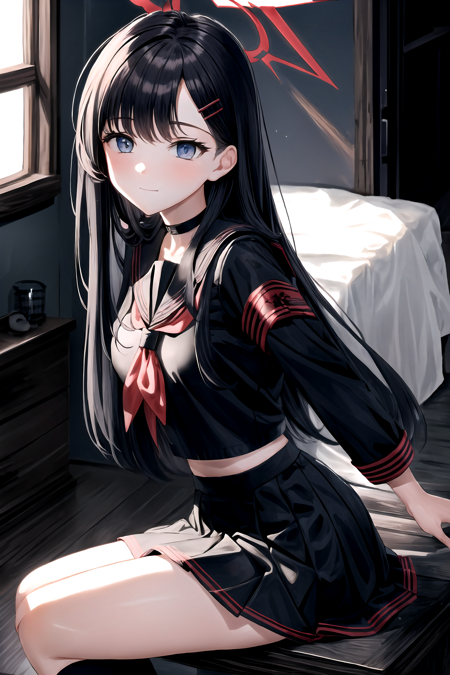 <lora:IchikaV1:0.75>, swept bangs, sidelocks, black serafuku, black sailor collar, pleated skirt, hairclip, black choker, red neckerchief, red armband, (black wings:0.9), long sleeves, halo, blue eyes, (best quality, masterpiece:1.4), 1girl