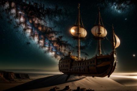 (absurdres, highres, ultra detailed), realistic style, 8k, exposure blend, medium shot, bokeh, high contrast,  low saturation,  3d render, cgi, symetrical, octane render, 35mm,  
 detailed background, milky way, nebula, moon, sun,  silver star constellations in background, backlighting,  ethereal atmosphere, extremely detailed CG unity 8k wallpaper, intricate details, (style-swirlmagic:1.0),   detailed background, close up,  detailed face, (gothic dark ages theme:1.1),  floating in the air, glowing magical shards, surrounded by blue magical crystals,  rock formations, stalactites,  magical floating particles, crystal glass,  crystal sphere, crystal canyon background, (shallow water:0.7),  epic ethereal atmosphere,   updraft, flying ship