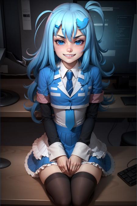 masterpiece, best quality, twitter-chan, hair ornament, white shirt, black long-sleeve shirt, layered sleeves, necktie, blue skirt, black thighhighs, computer lab, monitor, seiza, furrowed brow, evil grin, teeth, hands on own lap <lora:twitterchan-nvwls-v1:0.9>