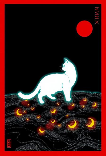 JNANX,luminous white silhouette,cyan glow,emerald highlights,flickering outline,dreamlike movement,rippling colors,drifting embers,infinite black background,psychedelic colors,ethereal,futuristic surrealism,gw,glowing,night,night sky,trippy,
"A stylized illustration of a white and black cat standing on a textured black and white ground, with a large red circle in the upper right corner and small yellow crescent shapes scattered among the black elements. The overall style is reminiscent of traditional Japanese or Korean art, with bold outlines and flat colors. The image has a red border