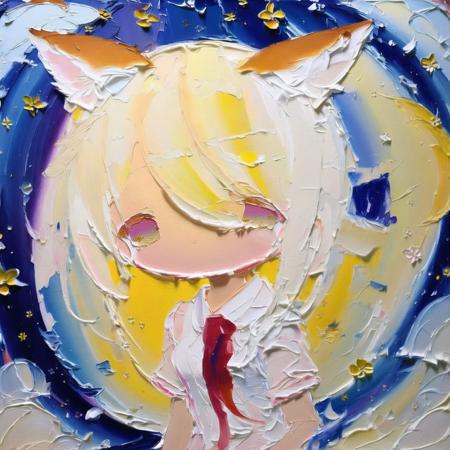 <lora:cute_oil:1>  chibi, cute oil , oil painting \(medium\), brush stroke, 1girl, animal ears, blonde hair, closed eyes, ear twitch, fox ears, japanese clothes, long hair, miko, motion blur, solo