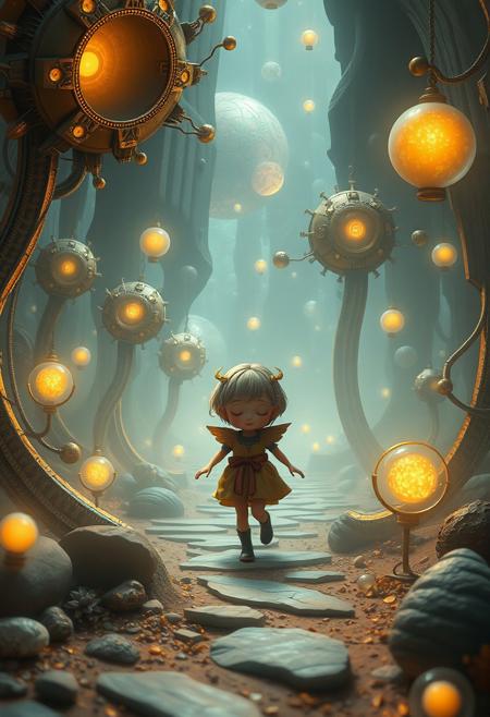 Adorable, charming figure walking through a mystic, enchanting environment. Surreal biomechanical structures, floating spheres, and glowing orbs in a dreamlike atmosphere. Gentle color contrasts, ethereal quality, gold, blue, bronze hues.