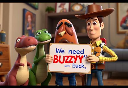 Toy Story characters Rex and Mr Potato head standing next to Crying and sad Woody holding sign with image of Buzz Lightyear and text ((("We need BUZZ back"))), blurry room background, pixar style