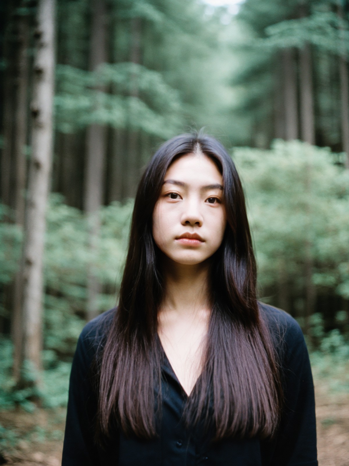 film grain analog photography,close -, asian female, serene expression, forest backdrop, bokeh effect, natural light, shal...