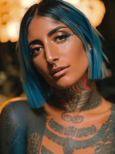 a woman with blue hair and tattoos, gelios lens, long bob hair, adreas rocha, 8k highly detailed â¤ï¸âð¥ ð¥ ð ð¤ ð, bella ragazza, on a young beautiful woman neck, uncropped, cam de leon <lora:Krokodeal-000008:1>