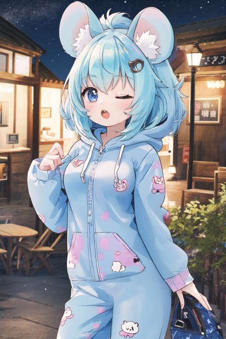 <lora:footie:0.6>, hoodie-footie pjs, 1girl, medium breasts, hood down, mouse ears, open mouth, outdoors, night, cowboy shot, forest, one eye closed, ;o, <lora:MonsterPromC-10:0.6>