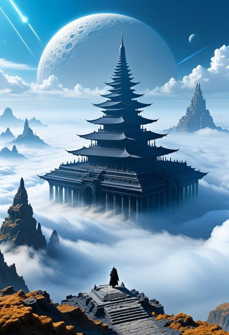 A cloaked traveler walks across an endless sea of clouds, each step glowing faintly — behind him, monumental ruins rise from the mist, their structure part ancient temple, part hovering spacecraft.