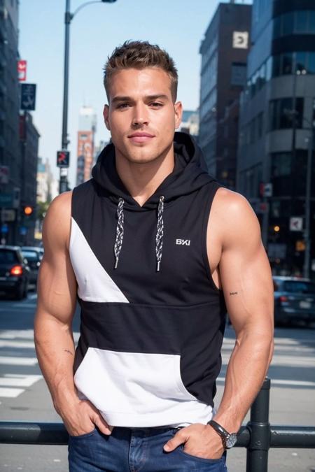 ((masterpiece)), ((best quality:1.2)), High Resolution, 8k, (ultra_realistic:1.3), (photorealistic:1.4), (instagram model, handsome:1.2), sharp focus, a photo of (matthewnoszkakm), wearing sleeveless hoodie, new york city, urban place, outdoors, daytime, grinning, smooth facial expression, ((looking at viewer)), <lora:MatthewNoszkaKM_13:0.8>