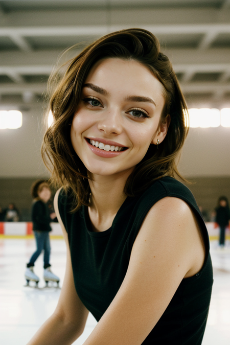 KarolinaGorzala, roller skating, skating rink, roller skates, wood, 1978, bellbottoms, flared pantlegs, 1970s hair, 1970s fashion, smile:1.2, busy roller skating rink, head tilt, pose, in love, loose wavy hair, ((masterpiece, best quality, extremely detailed, perfect face, perfect body:1.2)), smile:1.2