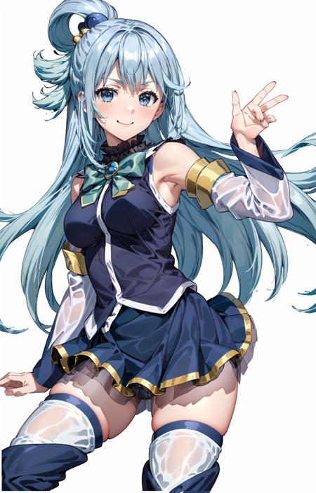 (masterpiece, top quality, best quality, official art, beautiful and aesthetic, picture-perfect:1.4), 1girl, solo, Aqua, (looking at viewer, cowboy shot:1), (blue hair, blue colored hair, long hair, hair ring, hair ornament:1.2), (blue eyes, shining blue eyes:1.3), [smile, closed mouth:1.2], [medium breasts, sexy:1], (Aqua Attire, blue skirt, miniskirt, thigh boots, thighhighs under boots, high heel boots, blue boots, white thighhighs, detached sleeves, green bowtie:1.4), (simple background:1.4), <lora:more_details:.5>, <lora:AquaLora:.8>