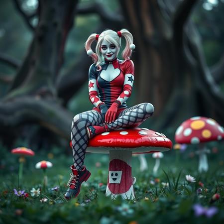 Harley Quinn sits on a brightly coloured toadstool in an Alice in Wonderland setting. high quality, high definition Image, long shot, deep focus, low level shot