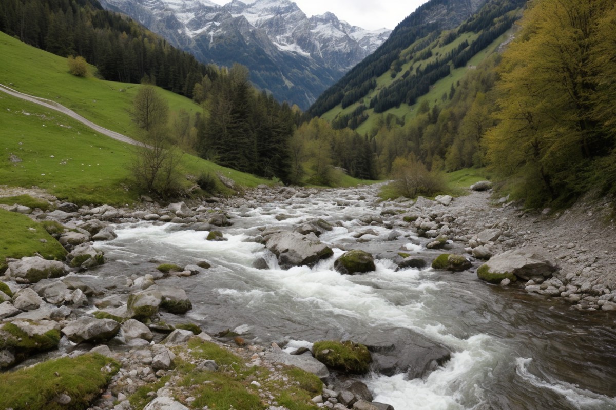 RAW photo of a creek running through the swiss alps
