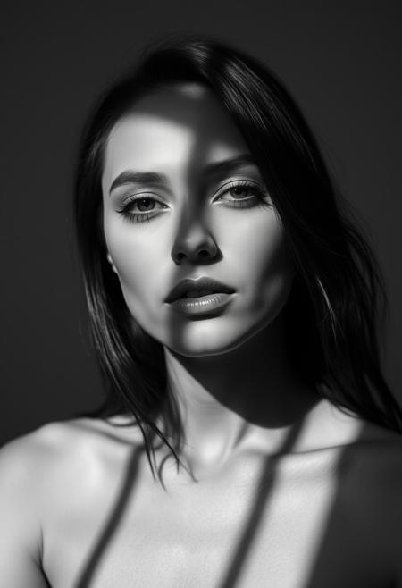 a black and white photo of a woman with shadow., in the style of minimalist beauty, light bronze and bronze, serene faces, sharp edges, karencore, high definition, contrast shading, realism