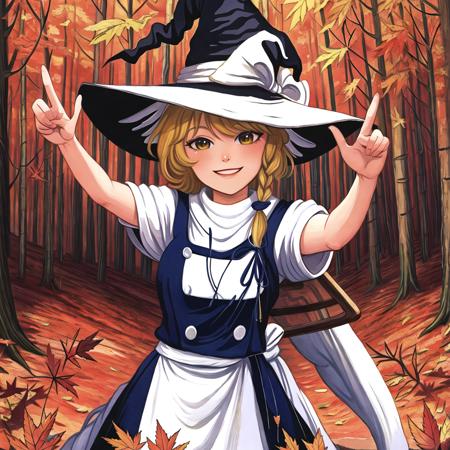 sut, award winning beautiful commission art, (masterpiece), (highest quality), cute, highly detailed, dynamic pose, anatomically correct, 5 fingers, 1girl, solo, official art, character design, concept art, highly detailed, illustration digital art, digital painting,  full body, forest, (kirisame marisa:1.4), witch hat, happy, smiling, autumn, tree, evening <lora:suteev_v6-000012:0.8>