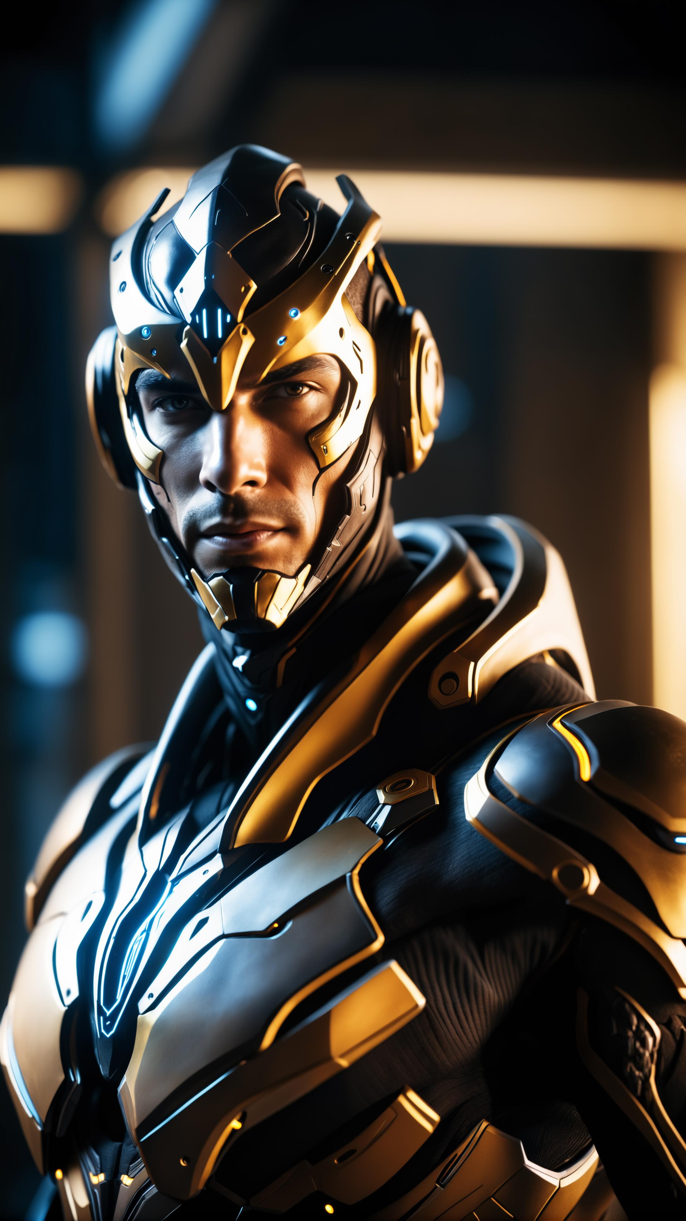 A close-up of a man wearing a metallic armor with gold and black accents.