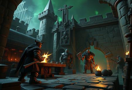 Create a highly detailed, 8K resolution image of a  in a Castle of Chaos background, inspired by the Ork theme and Black Thor character from the Doom Eternal art style. The image should be rendered in 3D using Unreal Engine 5, with a focus on photorealism and cinematic quality. The scene should feature a blacksmith, dwarves, and strong walls, with a Skull-Mark Ladybug and an Ork wielding an axe. The atmosphere should be very dark with green lighting, and the image should be composed according to the golden ratio. The final output should be of ultra-high quality, with micro details and lifelike textures, suitable for showcasing on Artstation.