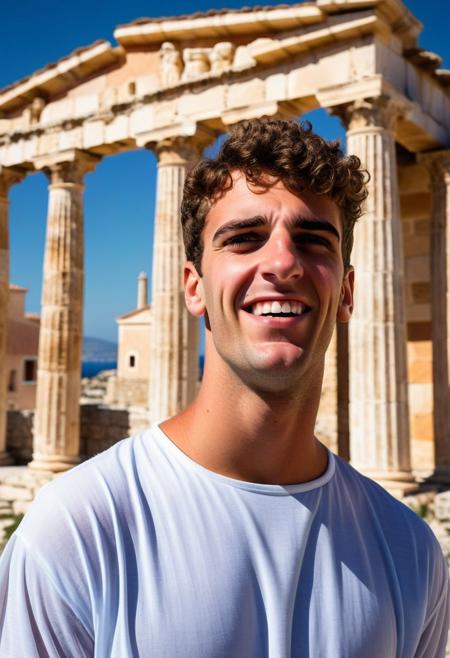 portrait of a 18 year old Roman boy, short height, wearing greek clothes, amused expression, greek architecture in the background