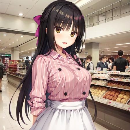 solo, Natsume, black hair, yellow eyes, mole under eye, long hair, hair bow, vertical-striped shirt, collared shirt, frilled skirt, waist apron, print apron, buttons, sleeves past elbows, arms on hips, (shopping mall:1.1)