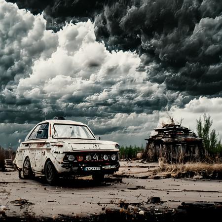 a car is parked in a dirt field dramatic sky  <lora:oldMJstyle_v1_SDXL:0.8> by oldMJstyle