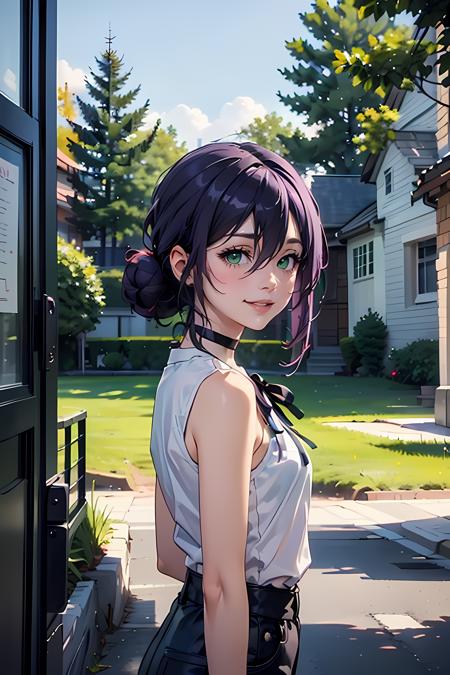 rezedef purple hair, hair between eyes,  green eyes, single hair bun