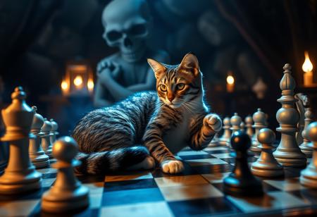 cat from wonderland on a chessboard, horror ambience,italian mood, magnana por laq magnana, naples, no work from me today, mafia pizza mandolino