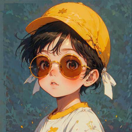 high quality,masterpiece,
Profile picture,1boy,
toddler,round face,simple_background,<lora:Children's illustration:0.8>,fat,1sunglasses,hair_ribbon,flat_cap,