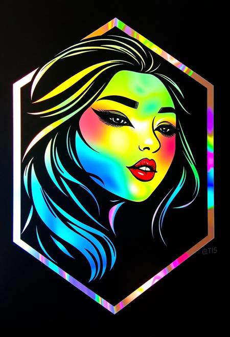 vibrant reflective holographic drawing in the style of ckhg, logo, an oriental woman's face, dark eyeshadow, red lips, flowing hair, bordered by a pentagon, dark background