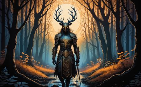 Dark Fantasy Art, DMT Art Style, A captivating scene unfolds where a formidable creature, embodying the essence of both a warrior and a subtle, festive spirit, looms. This being, whose very aura resonates with the hues of sun-kissed gold, stands poised in an elusive forest. Its appearance is an intricate blend of fearsome strength and a strangely inviting charm. Adorned with nature's own ornaments that hint at a seasonal, celebratory theme, it exudes an enigmatic mix of menace and mystery. The setting sun casts a golden glow, accentuating its formidable silhouette against the dense, whispering woods., bright colors, surreal visuals, swirling patterns, DMT art style, dark, moody, dark fantasy style