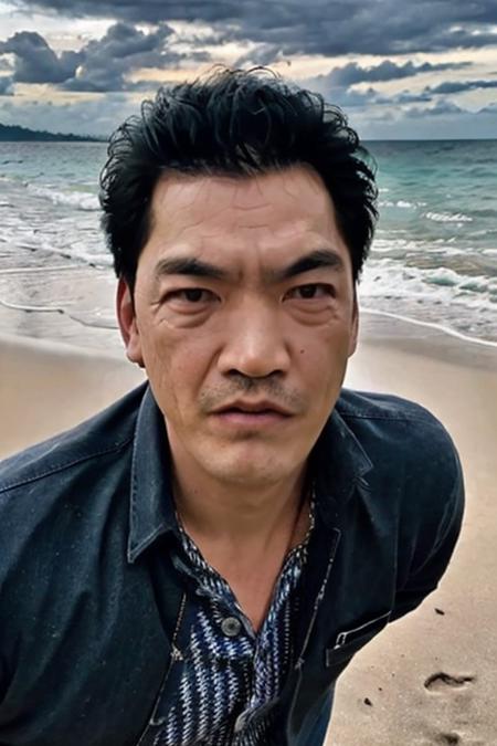 photo of a (men),serious look,fierce look,standing at (beach), portrait photo,Plaid shirt, full body,  (closeup:1.2)
 <lora:chengkuian:0.8>