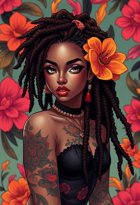 illustrated pretty (biracial) ((dreadlocks)) girl with tattoo vibes , featured in an illustration that is intricate, Detailed, and elegant, the artwork captures her in a vibrant and highly stylized environment, with smooth and sharp focus, showcasing the cutting-edge fashion trends, the lighting is dramatic, emphasizing the dynamic elements and creating a sense of wonder, illustrated by artists known for their bold and innovative styles, such as artgerm, Greg Rutkowski, and alphonse mucha.