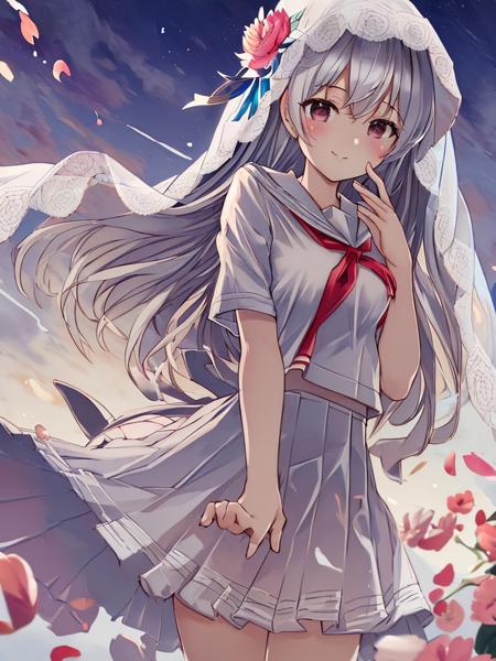 (Masterpiece, best quality:1.4), (ultra-detailed),illustration,depth of field,ray tracing, beautiful detail eyes, 1girl, solo, ((beautiful detailed sky)), flying splashes, flying petals,(white serafuku),the veil with flower,white hair,hikari \(arcaea\), panorama,sunny,