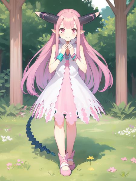 <lora:milleaf:1> milleaf, 1girl, solo, pink hair, long hair, horns, tail, pointy ears, pink eyes, smile,  shoes, dress, full body, jewelry,  bracelet, own hands together,
forest,