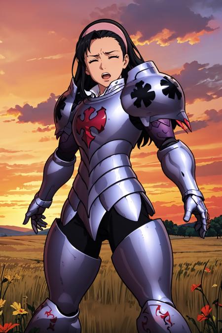 masterpiece, best quality,  <lora:guila-nvwls-v1-000009:0.9> guila, closed eyes, hairband, full armor, shoulder armor, armored boots, furrowed brow, yelling, field, red sky, wide shot