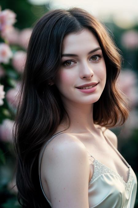 AnneH_SoloTI_v1,
(happy, smile), posing for a picture,
(Clad in a silky emerald gown, accentuated by a delicate lace shawl, exuding allure and grace),
(A moonlit garden, with fragrant blooms casting shadows in the soft glow, creating an atmosphere of subtle enchantment: 1.3),
(seductive:1.3),(analog, cinematic, film grain, hazy atmosphere, cinematic shot:1.3), 
 <lora:add_detail:0.6>,<lora:LowRa:0>, PA7_Portrait-MCU,