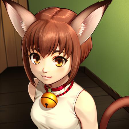 Xiao, long animal ears, short brown hair, ((cat tail above buttocks)), brown eyes, long nails,  close up, :3, standing, arms behind back, upper body, solo,
Xattire , white sleeveless dress with pattern, black bike shorts, neck bell, fur footwear,  fur fingerless gloves, standing
small house,  green walls, wood floor,
(insanely detailed, beautiful detailed face,  masterpiece, beautiful detailed  eyes, best quality)      <lora:Xiao-10V2:1>